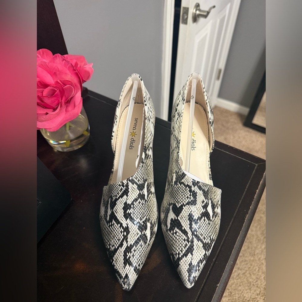 Seven Dials Black and White Snake Print Heels